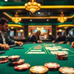 yyrr pemain poker yang terlibat di meja taruhan di kasino dengan suasana yang menggairahkan.