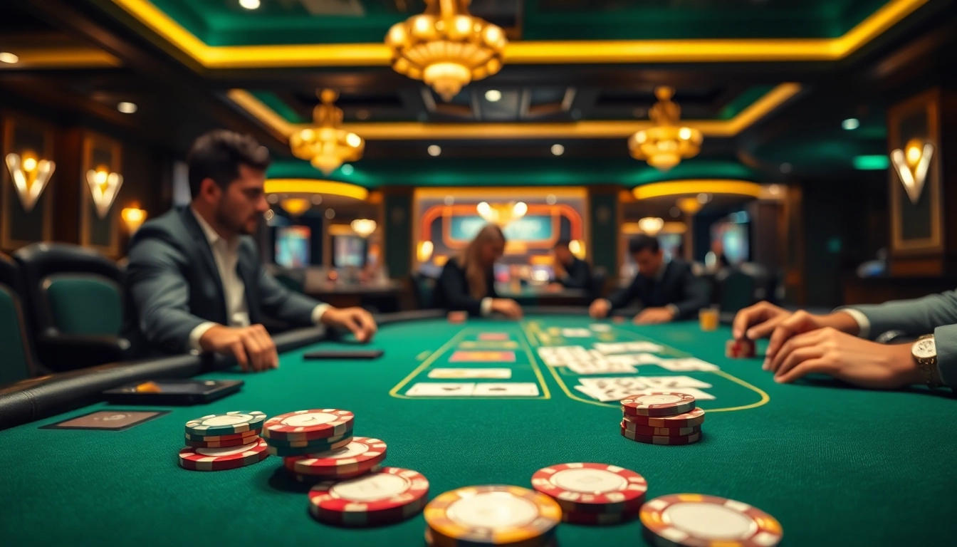 yyrr pemain poker yang terlibat di meja taruhan di kasino dengan suasana yang menggairahkan.