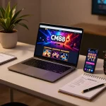The CM88 homepage showcasing a dynamic online gaming setup with engaging graphics and betting strategies.