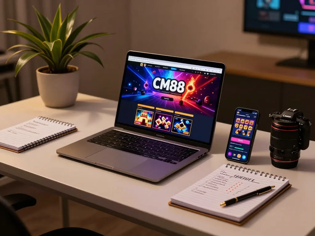 The CM88 homepage showcasing a dynamic online gaming setup with engaging graphics and betting strategies.