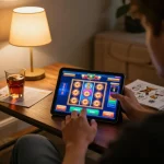 Playing giochi casino gratis senza registrazione on a tablet from a cozy home setting with strategy notes visible
