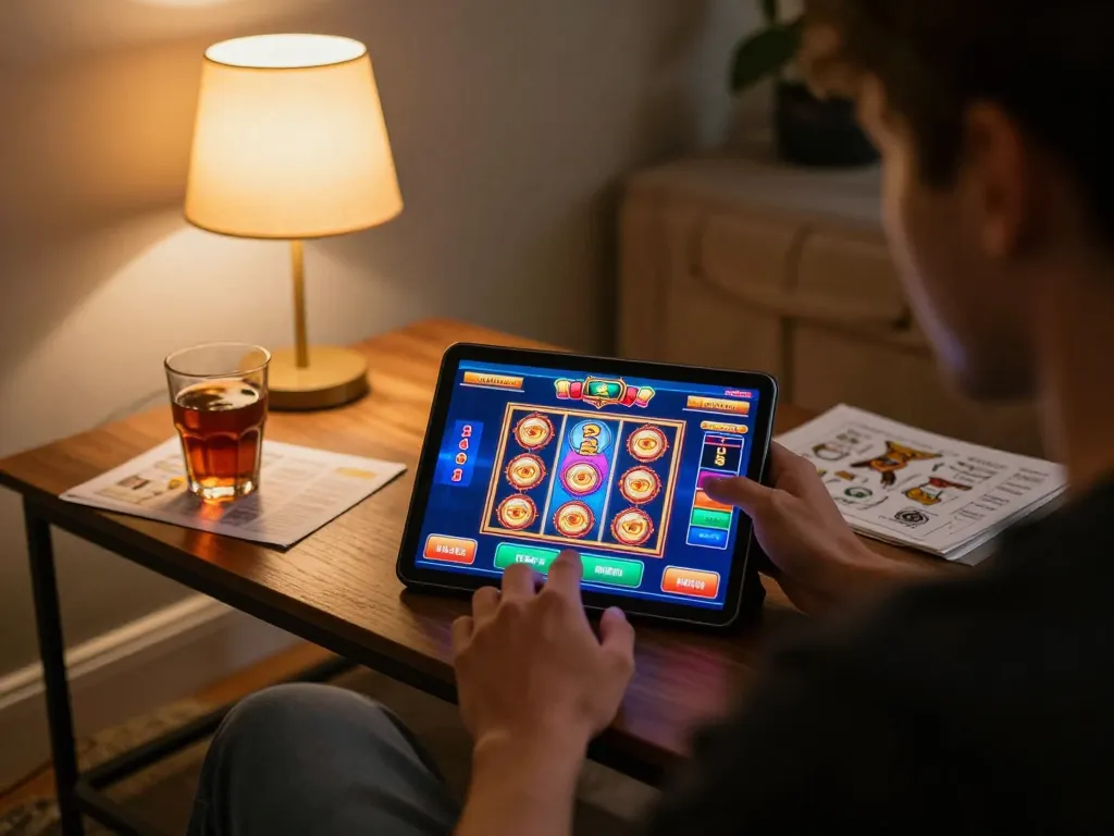 Playing giochi casino gratis senza registrazione on a tablet from a cozy home setting with strategy notes visible