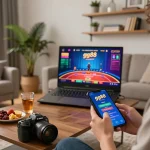Player engaged in the gg88 casino app on a smartphone, showcasing live dealer gameplay in a cozy home setting