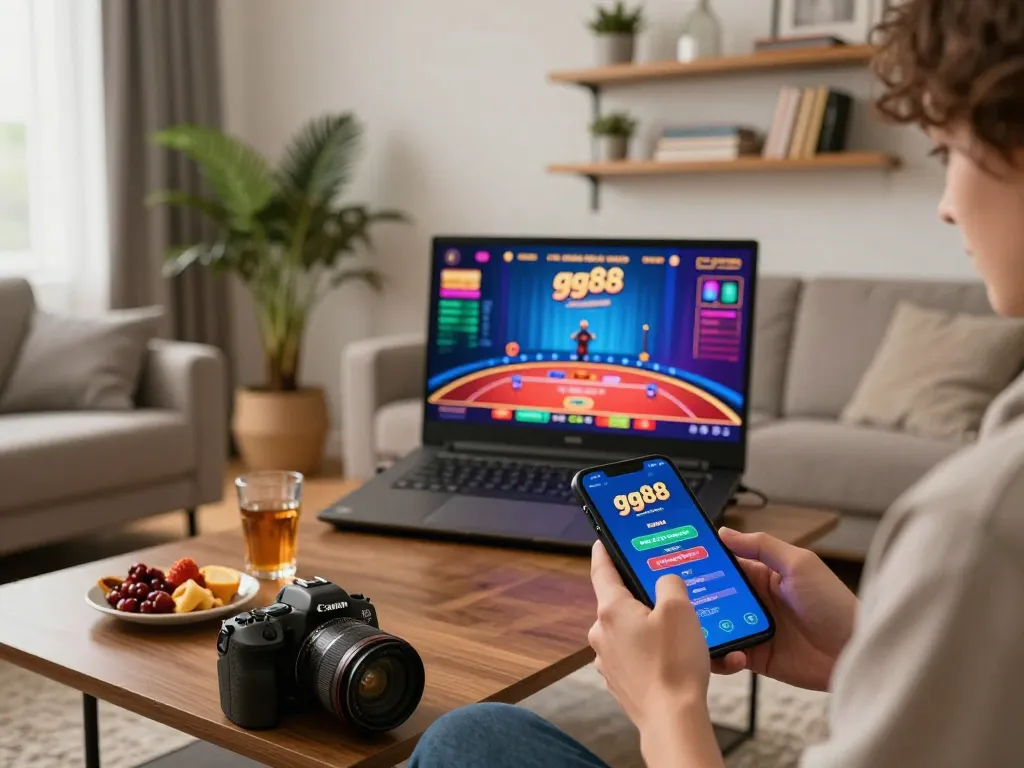 Player engaged in the gg88 casino app on a smartphone, showcasing live dealer gameplay in a cozy home setting