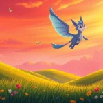 Sora, the mythical creature, soars through a vibrant sunset sky over lush hills.