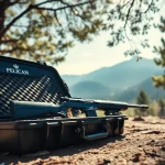 Showcasing a Pelican rifle case with an open design in a natural outdoor setting.