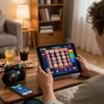 Engaging in online casino gaming at home with G28 TRANG CHỦ on the tablet, showcasing strategy notes and relaxed atmosphere.