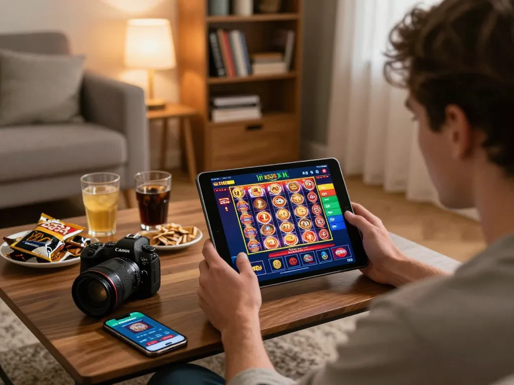 Engaging in online casino gaming at home with G28 TRANG CHỦ on the tablet, showcasing strategy notes and relaxed atmosphere.