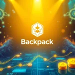 Visualize the Backpack crypto exchange interface with cryptocurrencies, charts, and a techy landscape.
