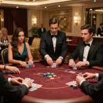 Players engaged at a high-stakes poker table in a luxury casino with shbet com app visible on phone