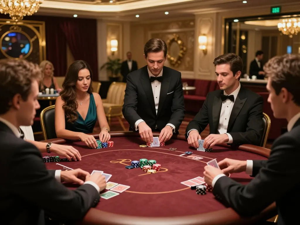 Players engaged at a high-stakes poker table in a luxury casino with shbet com app visible on phone