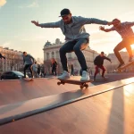 Skateboarders showcasing skills at Ecole de skateboard Paris in vibrant urban scenery.