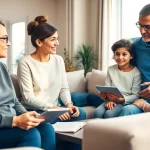Discussing auto and home protection plans with family in a cozy living room environment.
