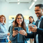 We buy old phones from happy customers in a modern store environment.