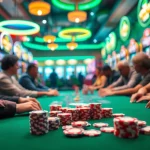Online casino spielen an einem lebhaften Pokertisch mit Spielern und bunten Lichtern.