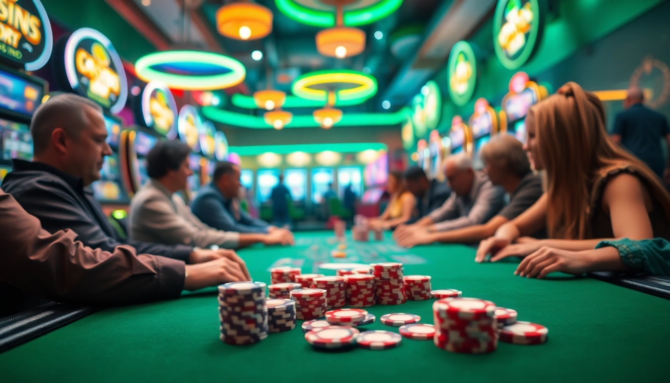 Online casino spielen an einem lebhaften Pokertisch mit Spielern und bunten Lichtern.