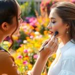 Captivating image of a traveling makeup artist enhancing beauty in an outdoor setup.
