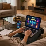 Experience online gaming with s666-bm through a stylish, cozy home setup featuring vibrant casino graphics.