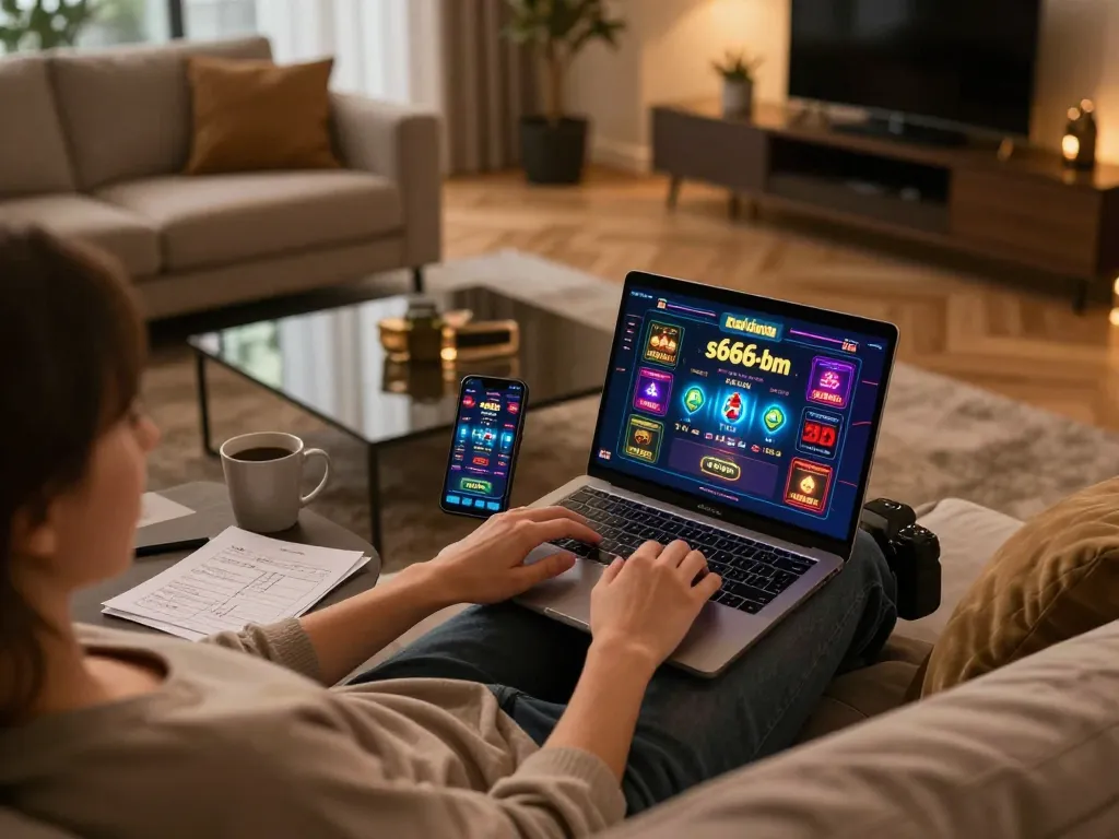 Experience online gaming with s666-bm through a stylish, cozy home setup featuring vibrant casino graphics.