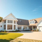 Stunning cape cod home with bay windows and attached garage surrounded by lush greenery.