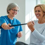 Physiotherapist assisting a patient at AICA Orthopedics demonstrating recovery exercises.