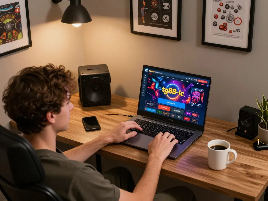 Player engaging with tg88-lc online gaming platform on laptop at home