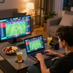 Engaged user placing bets on C168 TRANG CHỦ through laptop in vibrant home setup