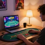 Person betting at nhà cái open88 in a modern home office environment, showcasing responsible gambling.