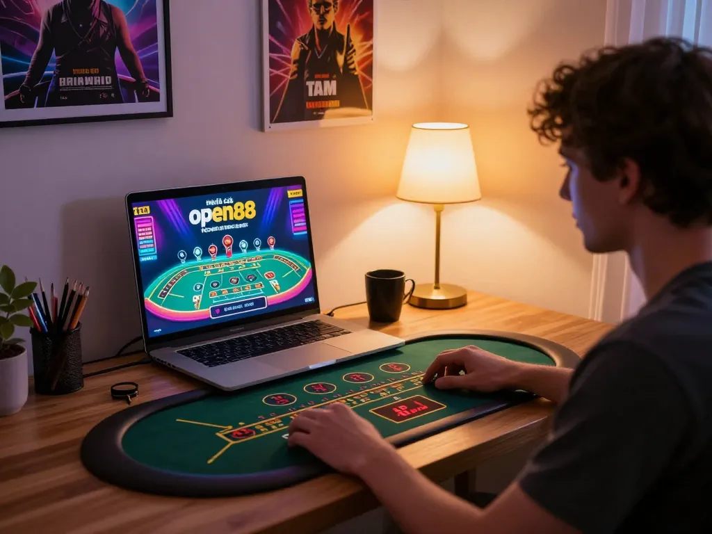 Person betting at nhà cái open88 in a modern home office environment, showcasing responsible gambling.