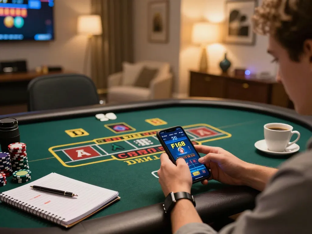F168 player engaging in mobile gambling with live dealer game, showcasing strategic online gaming moments