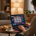 Engaging gameplay at home using tg88-link for online casino experience, showcasing a vibrant gaming atmosphere with snacks and laptop details.