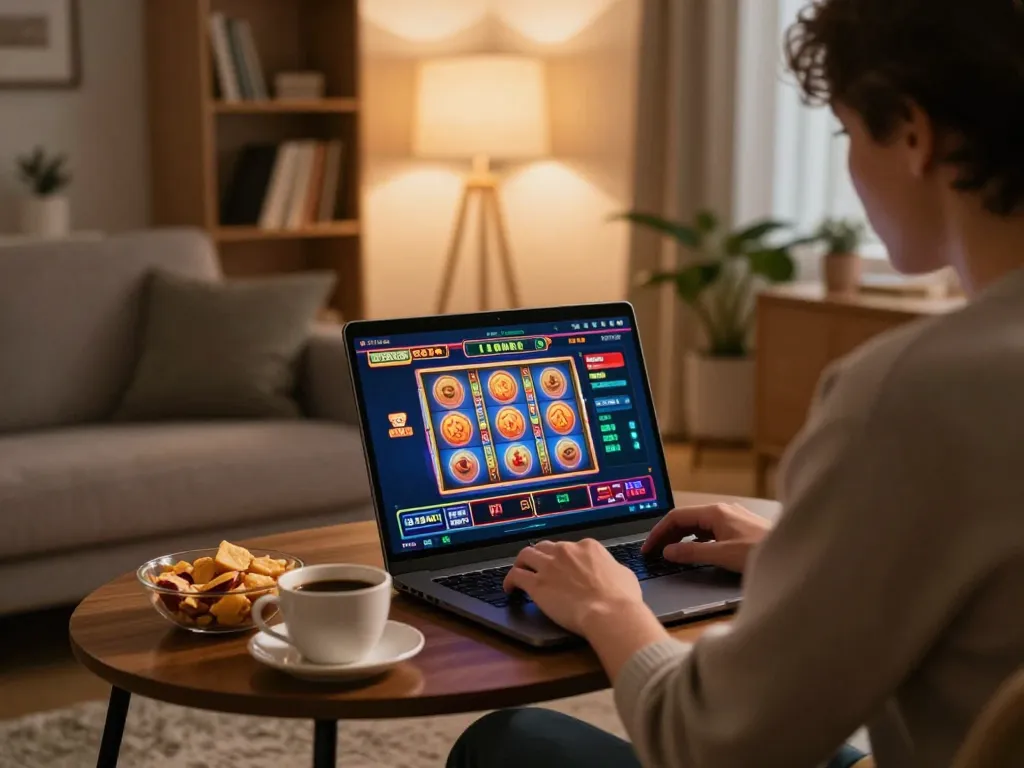 Engaging gameplay at home using tg88-link for online casino experience, showcasing a vibrant gaming atmosphere with snacks and laptop details.