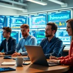 Streamlined workflow with a test automation tool being used by professionals in a modern office.