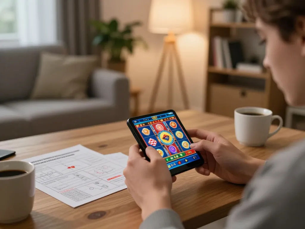 Player enjoying tg88-bm mobile gaming with vibrant slot interface in cozy home setting
