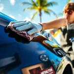 Mobile auto detailing Broward County expert polishing a luxury car with tools and palm trees in the background.