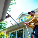 Expert gutter cleaning Seattle WA technician servicing a residential building in bright conditions.