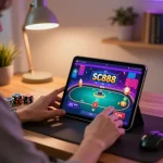 Engaging moment of a player using sc888 platform on a tablet, highlighting interactive online gambling.