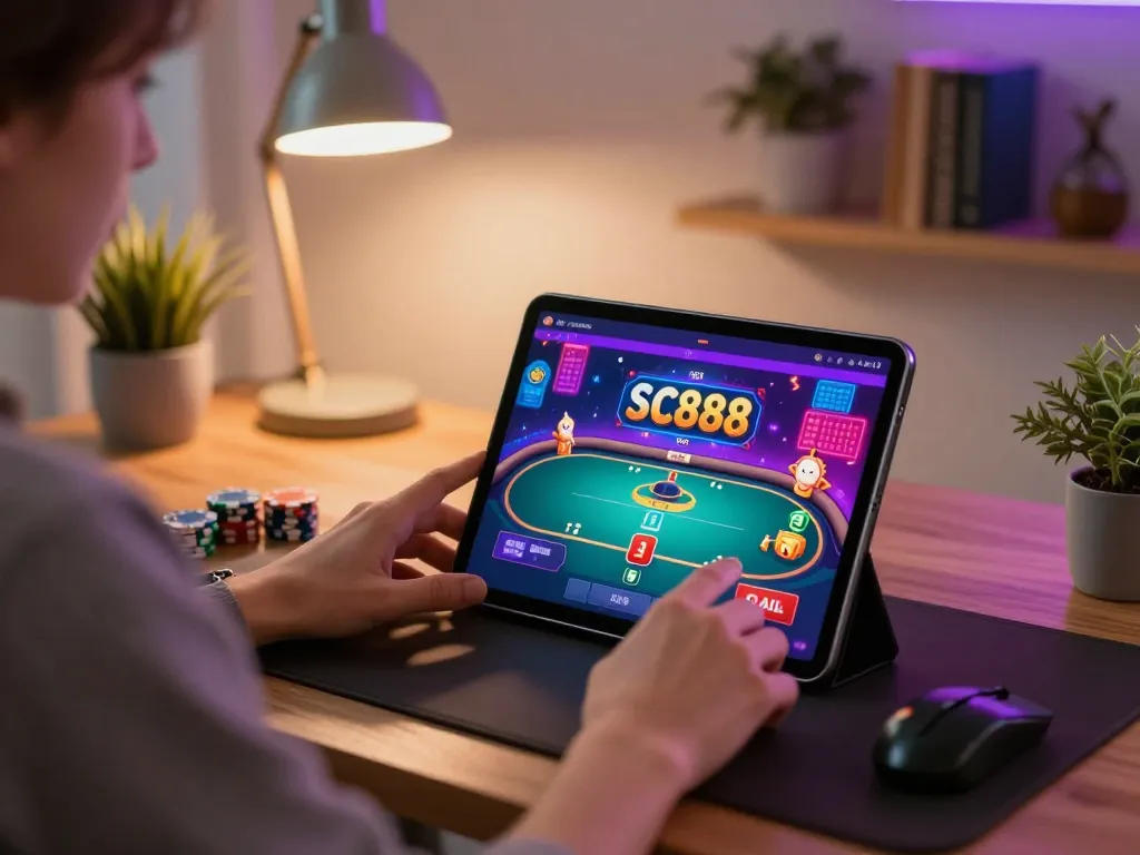 Engaging moment of a player using sc888 platform on a tablet, highlighting interactive online gambling.