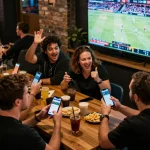 Watch bettors engaged with live games while using the mb88-bm betting app in a sports bar setting