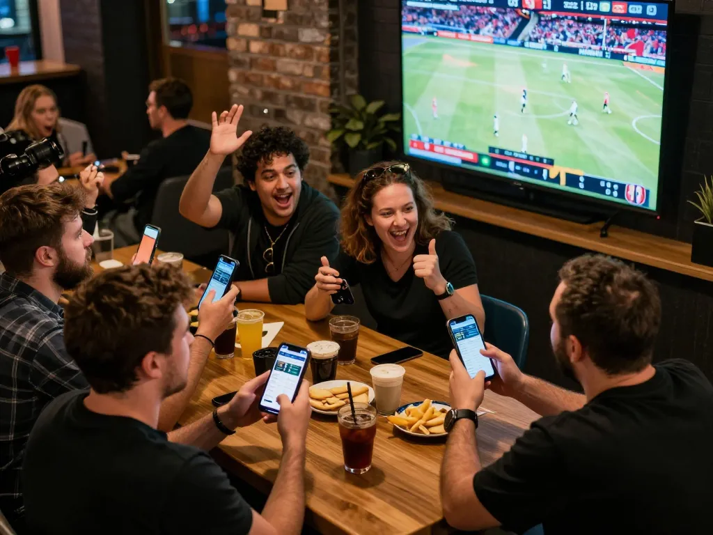 Watch bettors engaged with live games while using the mb88-bm betting app in a sports bar setting