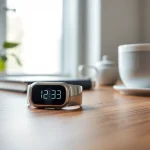 Showcasing a Smart Health Ring on a wooden desk highlighting its sleek design and advanced features.
