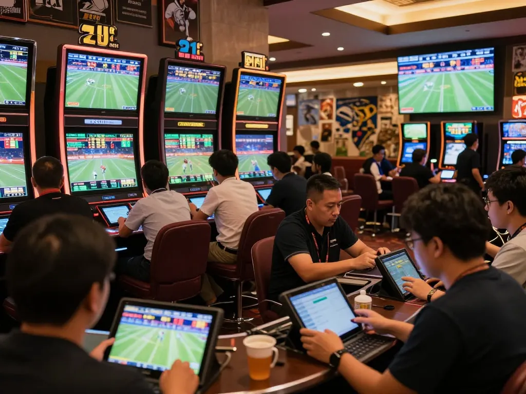 Kèo nhà cái insights being analyzed by excited bettors in a modern casino sports betting area.