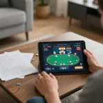 nhà cái c168 player engaging in online gaming session, tablet showing poker interface with notes on bankroll management