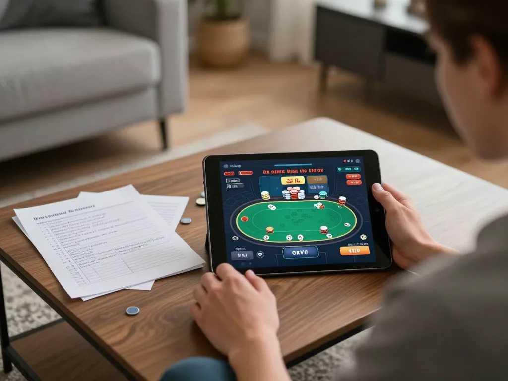 nhà cái c168 player engaging in online gaming session, tablet showing poker interface with notes on bankroll management