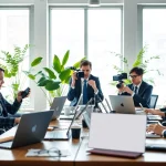 Capture the essence of news in a professional office environment with journalists collaborating.