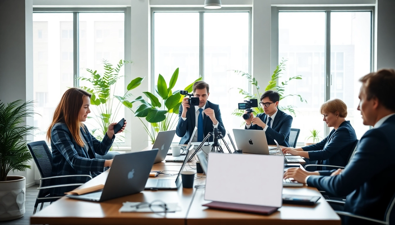 Capture the essence of news in a professional office environment with journalists collaborating.