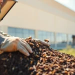 Expert technician performing commercial bee removal from a hive at a commercial property.