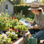 Pest control tips shared in a sunny garden scene with a homeowner examining advice while gardening.