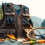 Angler wearing a practical fly fishing vest while preparing gear on a riverbank.