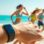 Showcase the sleek fitness tracker Ringconn on an active beach, highlighting its modern design.